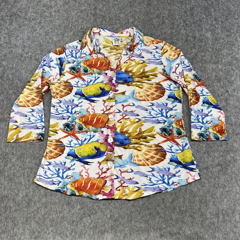 Parsley & Sage Shirt Womens Large White Underwater Fish Coral Print 3/4 Sleeve